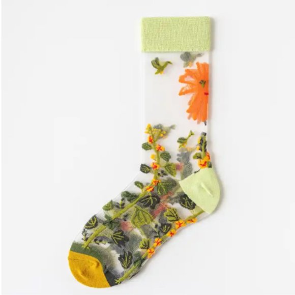 Accessories - Orange Lime Green Sun Floral Transparent Sheer Peekaboo See-through Hose Socks